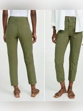 VERONICA BEARD Olive Green Arya Carpenter Paint Splatter Pants 26 in Clover NWOT